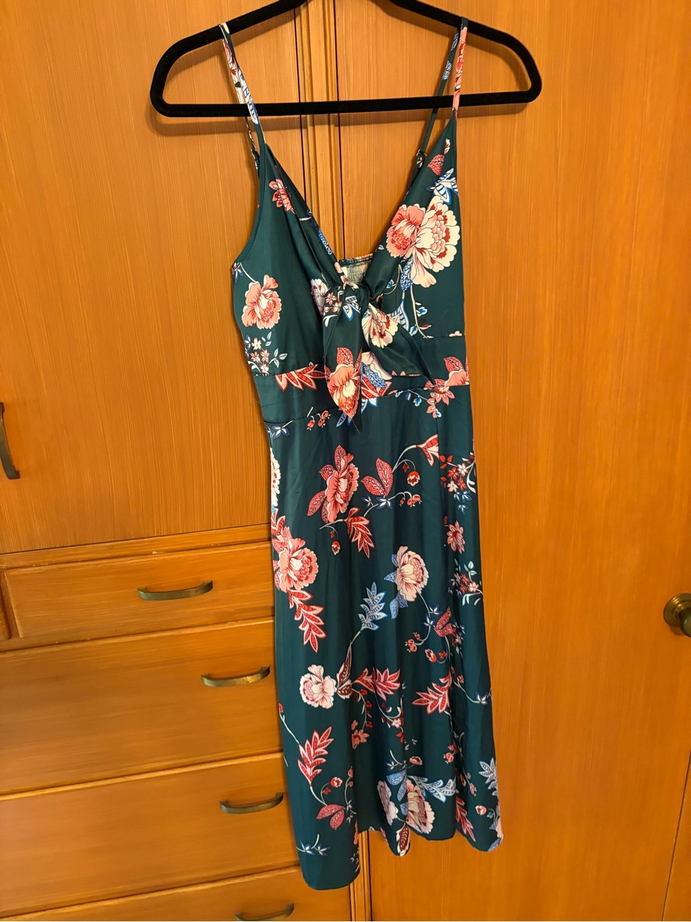 Teal Floral Midi Dress with Tie-Front and Spaghetti Straps